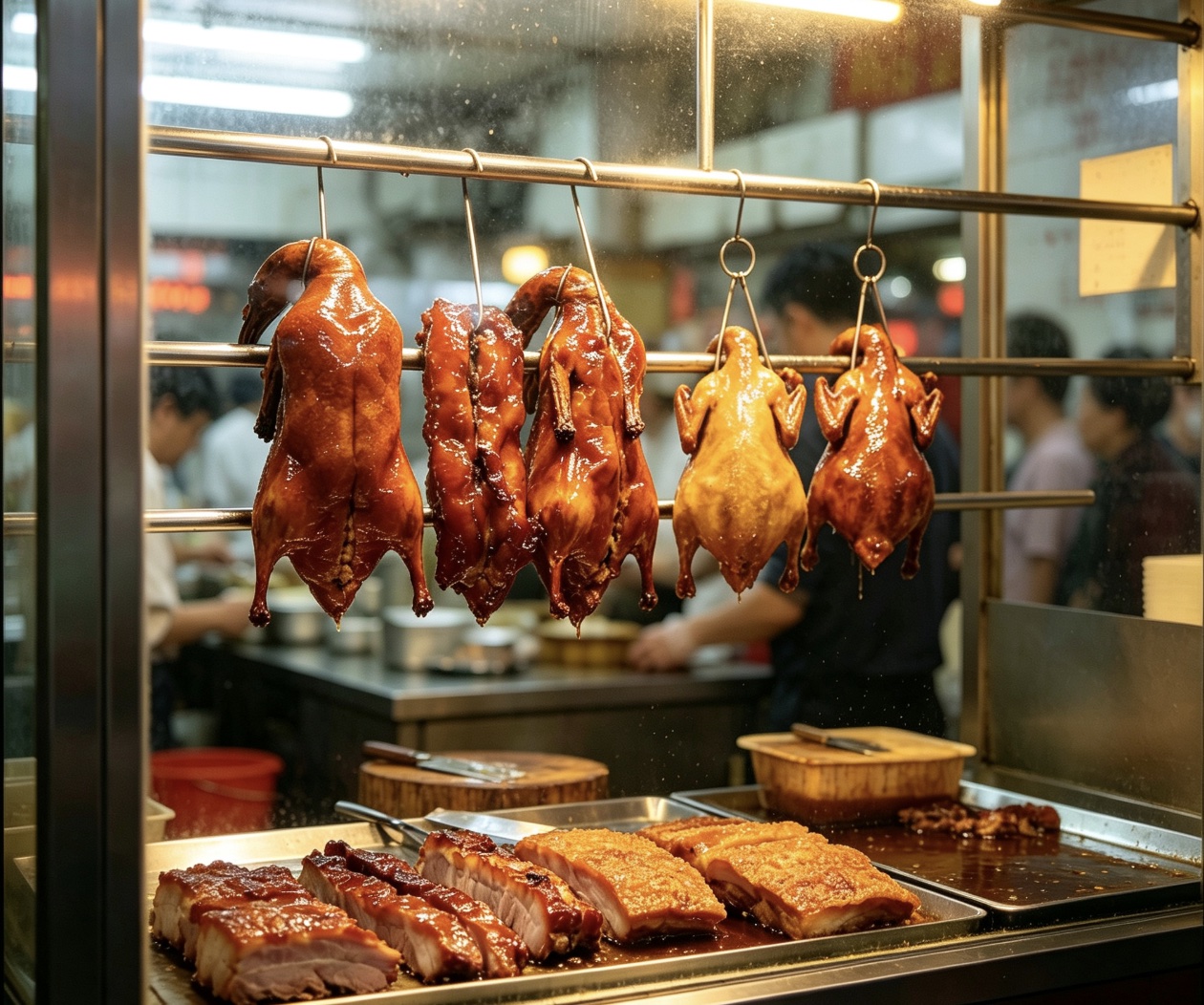 香港燒味店櫥窗掛滿燒鵝、豉油雞和燒肉